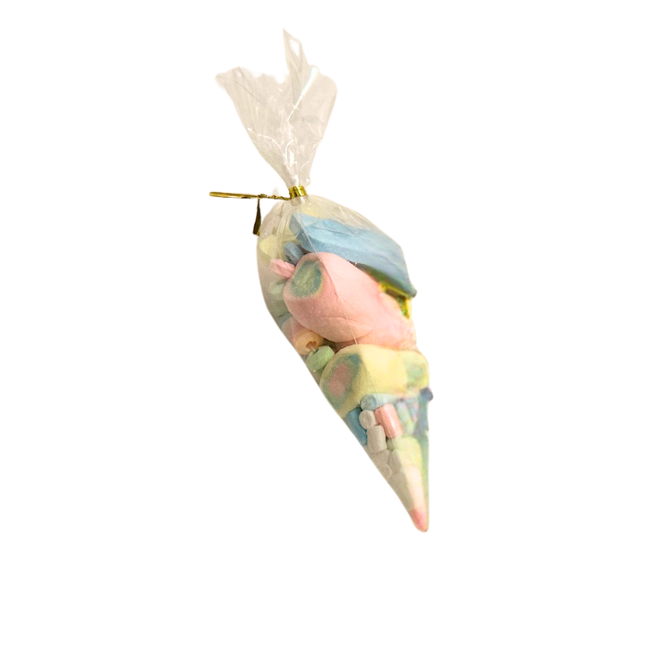 Colorful marshmallow cone-shaped gift bag on a white background