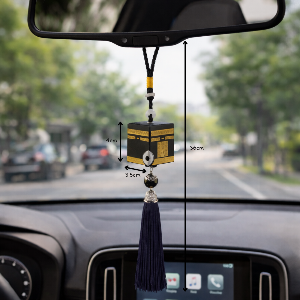 Car hanging ornament with measurements displayed on a car dashboard with sizes.