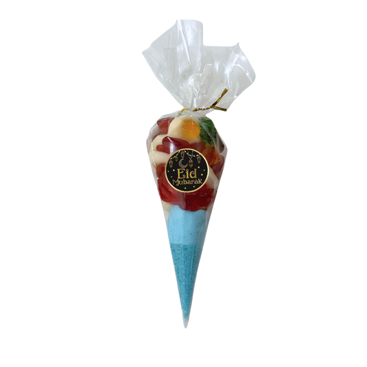 Cone-shaped candy bag with colorful halal candies and a clear top on a white background