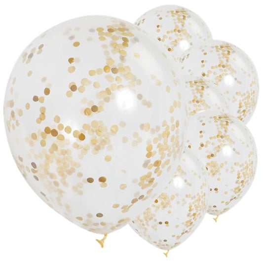 6 Pack Gold Confetti Latex Balloons - 12"