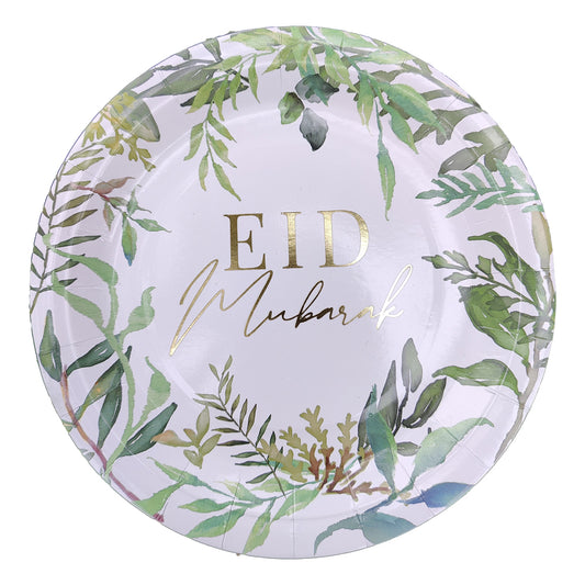 Eid Mubarak Green Leaf Disposable Paper Plates - 10 Pack