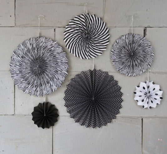 6 Piece Hanging Paper Fan Decorations - Black & White