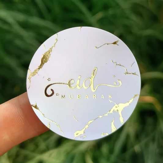 Eid Mubarak Stickers Foil Stamped White & Gold- 10 Pack