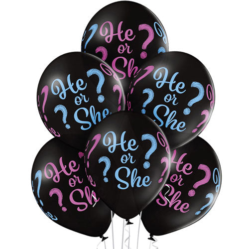 He Or She Gender Reveal Premium Black Latex Balloons 6 Pack - 12 Inch