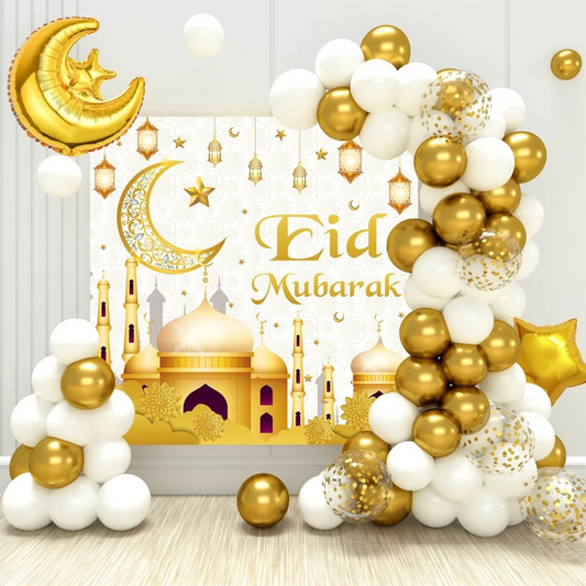 White & Gold Eid Backdrop and Balloons Set