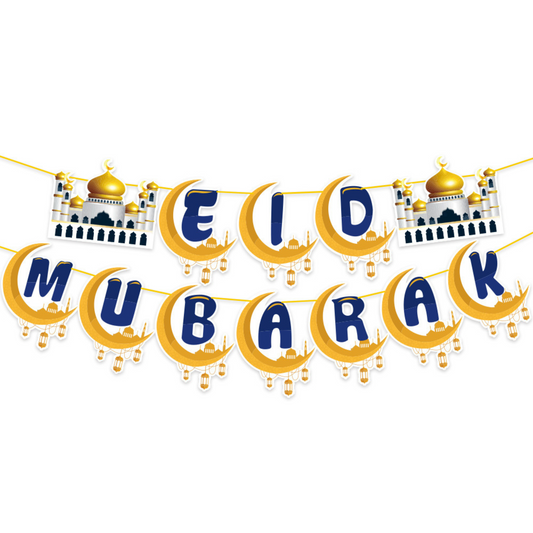 Blue and Gold Eid Mubarak Card Bunting