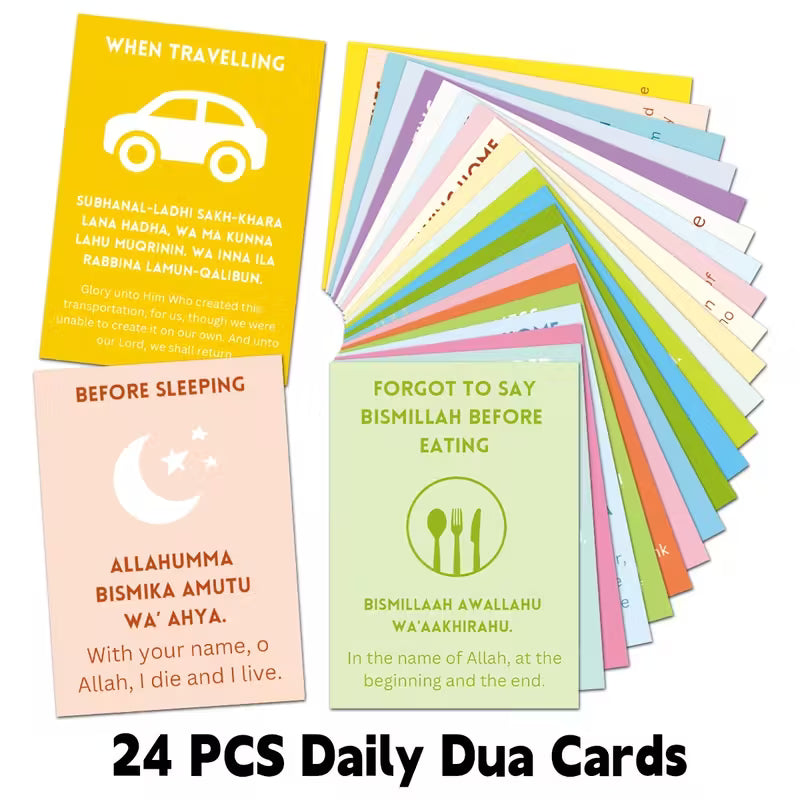 Set of 24 colorful daily dua cards with various messages on a white background.