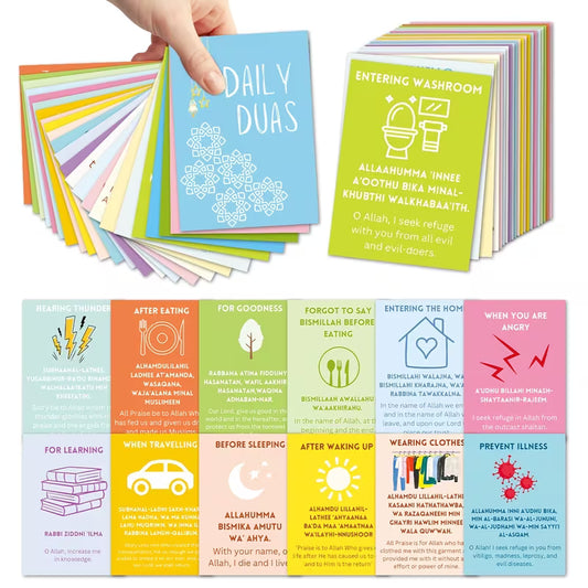 Colorful cards with daily duas and reminders on a white background