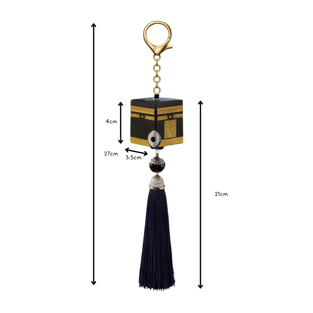 Keychain with Kaaba model and tassel, showing measurements on a white background