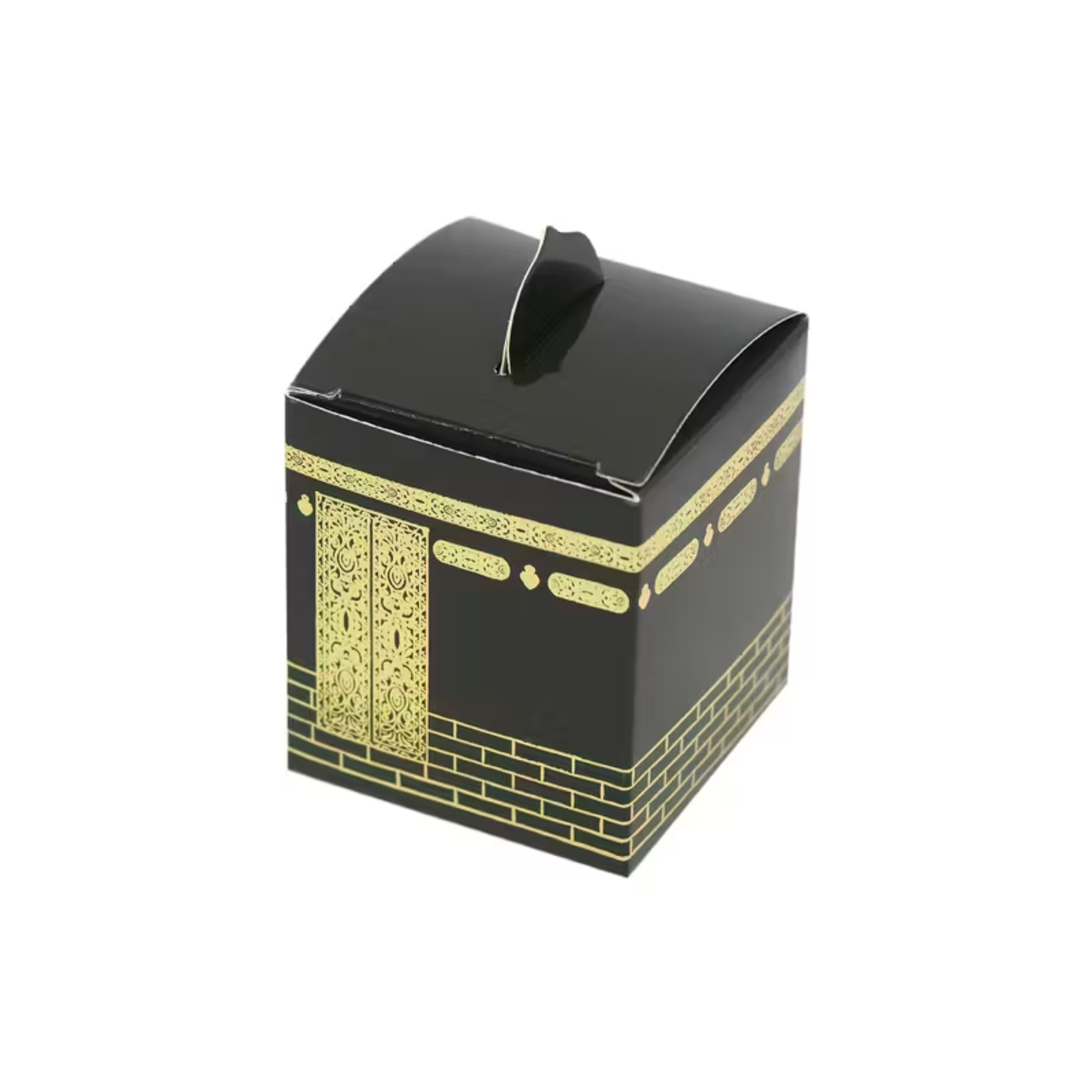 Black box with gold decorative elements on a white background