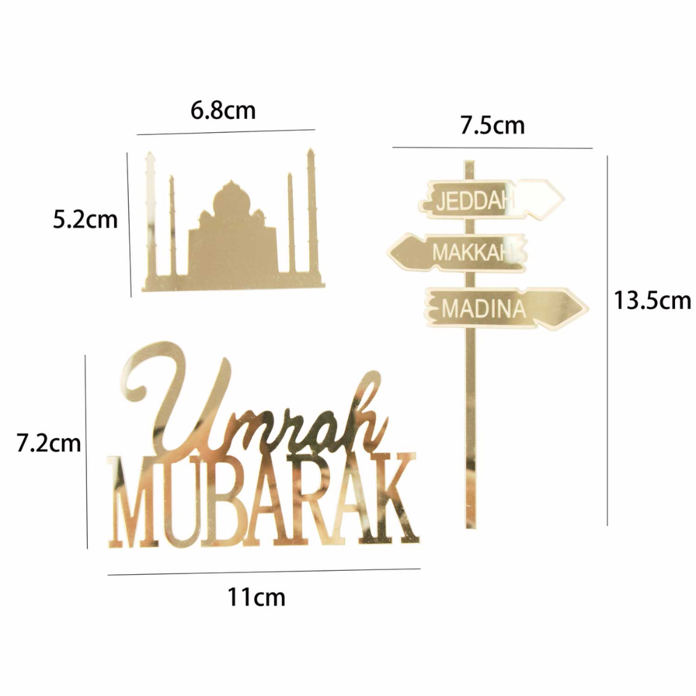Measurement chart of a 'Umrah Mubarak' design cake toppers with architectural elements and directional signs.