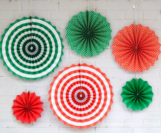 6 Piece Hanging Paper Fan Decorations - Red & Green