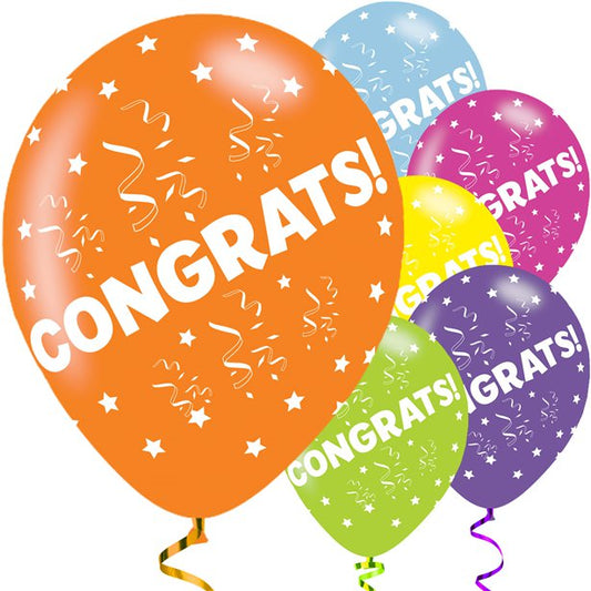 6 Pack "Congrats" Coloured Latex Balloons - 11''