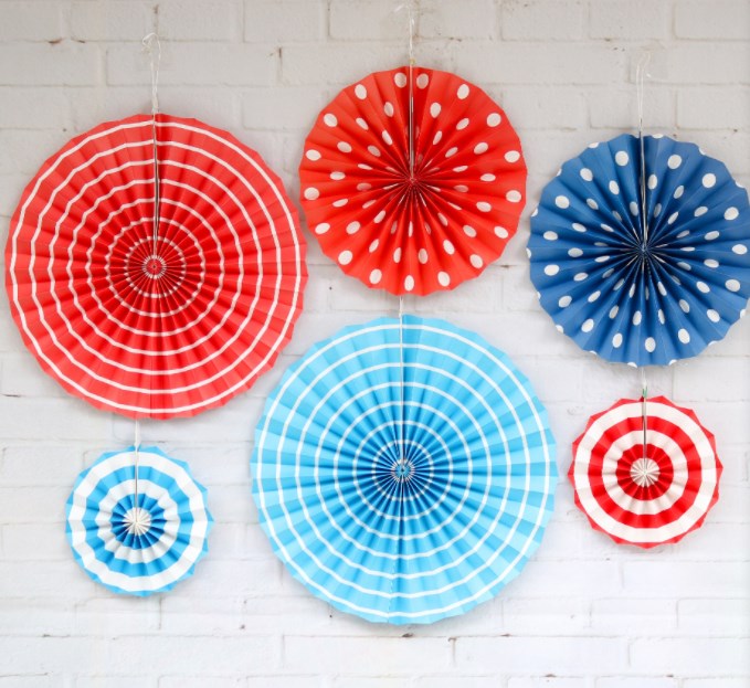6 Piece Hanging Paper Fan Decorations - Red, Blue & White