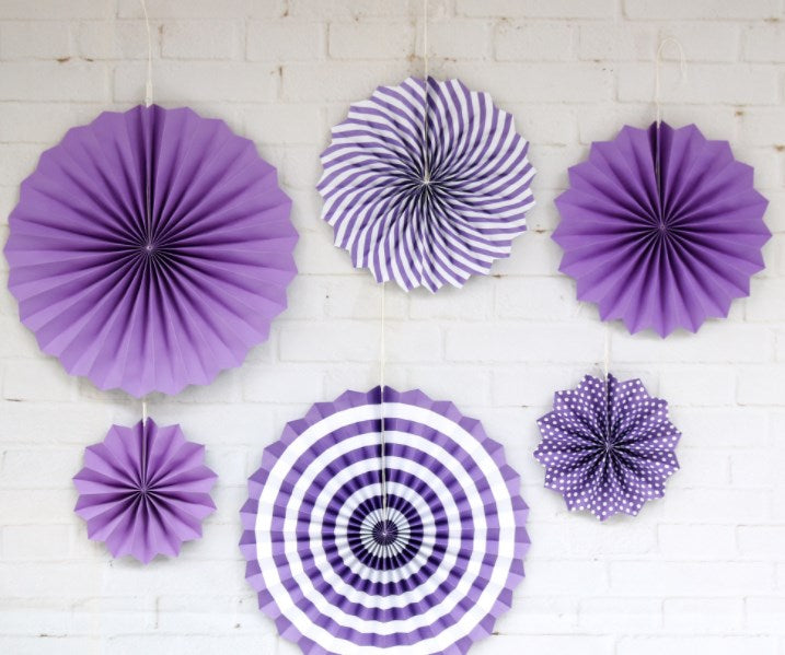 6 Piece Hanging Paper Fan Decorations - Purple