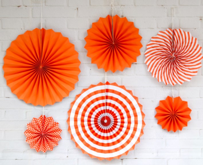 6 Piece Hanging Paper Fan Decorations - Orange