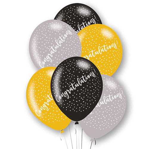 6 Pack Congratulations Black, Gold & Silver Latex Balloons - 11"
