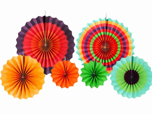 6 Piece Hanging Paper Fan Decorations - Multicoloured
