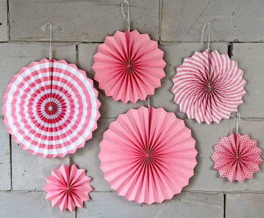 6 Piece Hanging Paper Fan Decorations - Pink