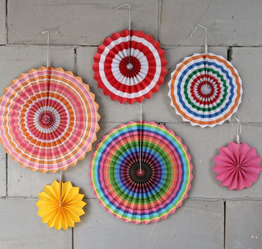 6 Piece Hanging Paper Fan Decorations - Multicoloured