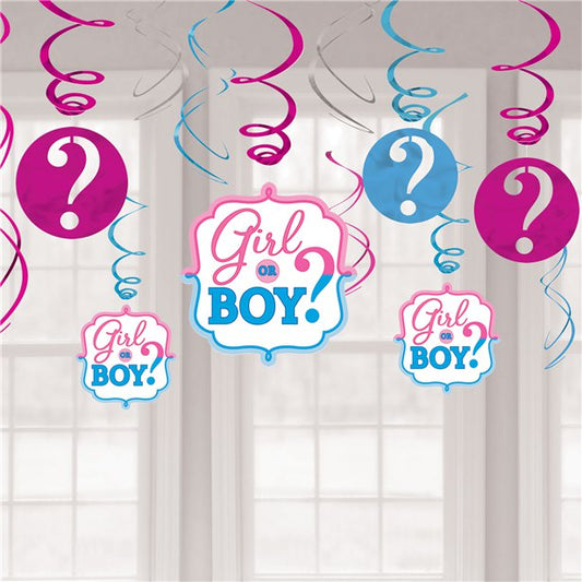 Gender Reveal Hanging Swirl Decorations - 12 Pack