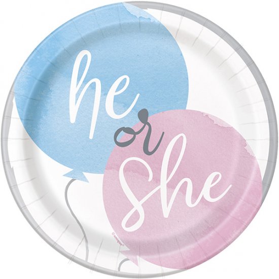 He Or She Gender Reveal Paper Plates - 7 Inch