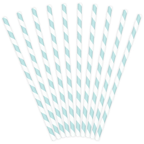 Light Blue Striped Paper Straw - 10 Pack